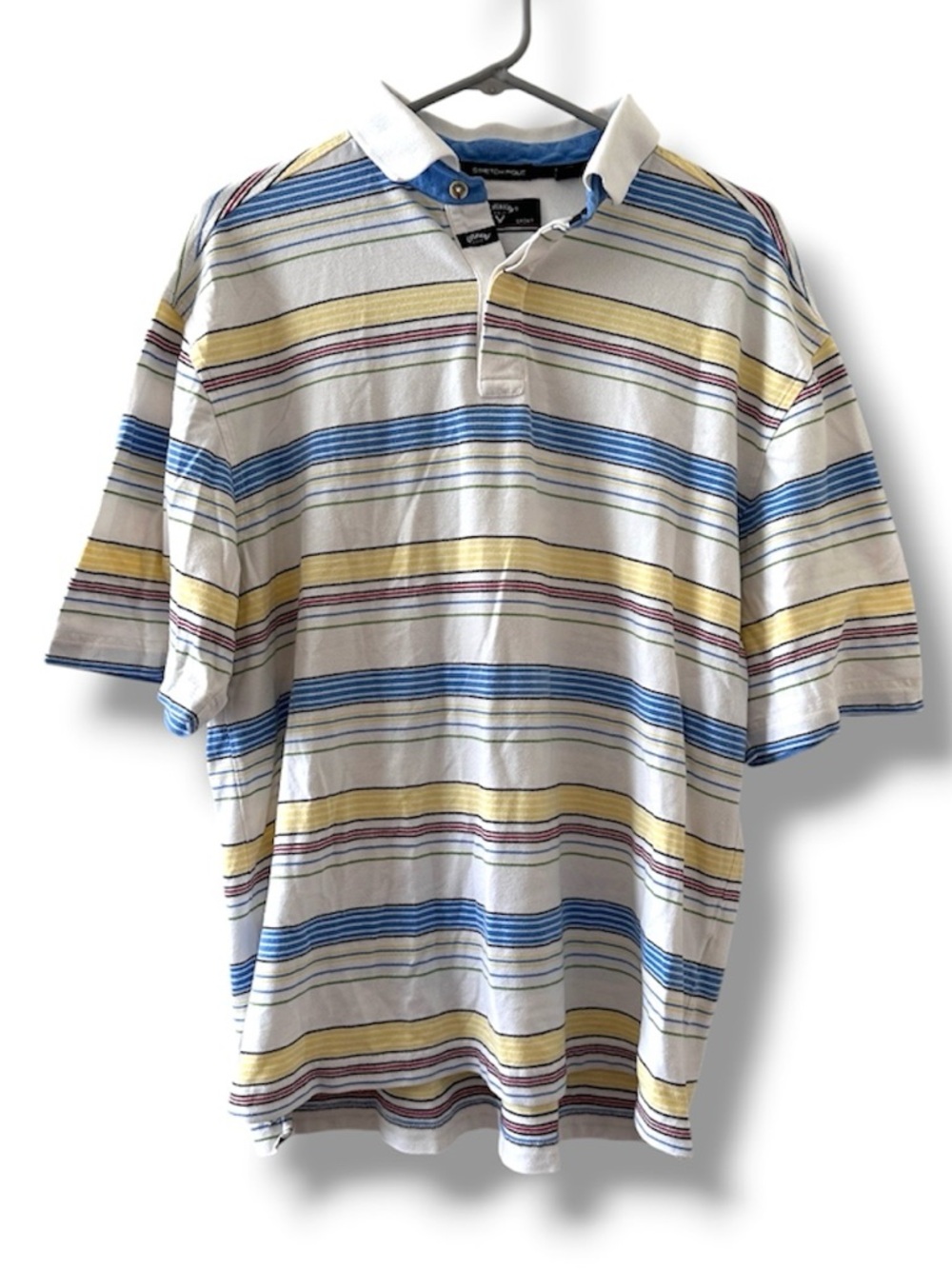 Callaway Golf White Polo Shirt Colorful Stripes Men’s Size Large Preppy Spring
